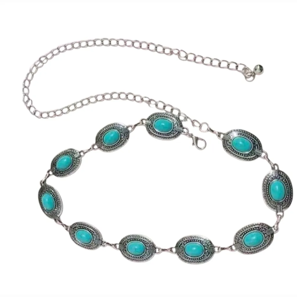 Boho Adjustable Western Metal Gem Decor Waist Chain Belt, Body Belly Jewelry‎ Silver - Image 2