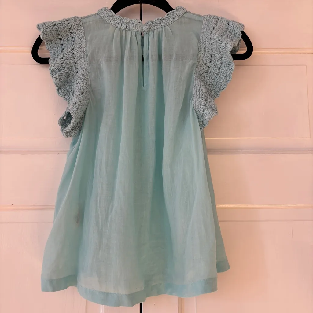 ULLA JOHNSON Kai Top Bryl Sky Blue Aqua Shirt Size 2 Cotton Crochet Flutter Slee - Image 10