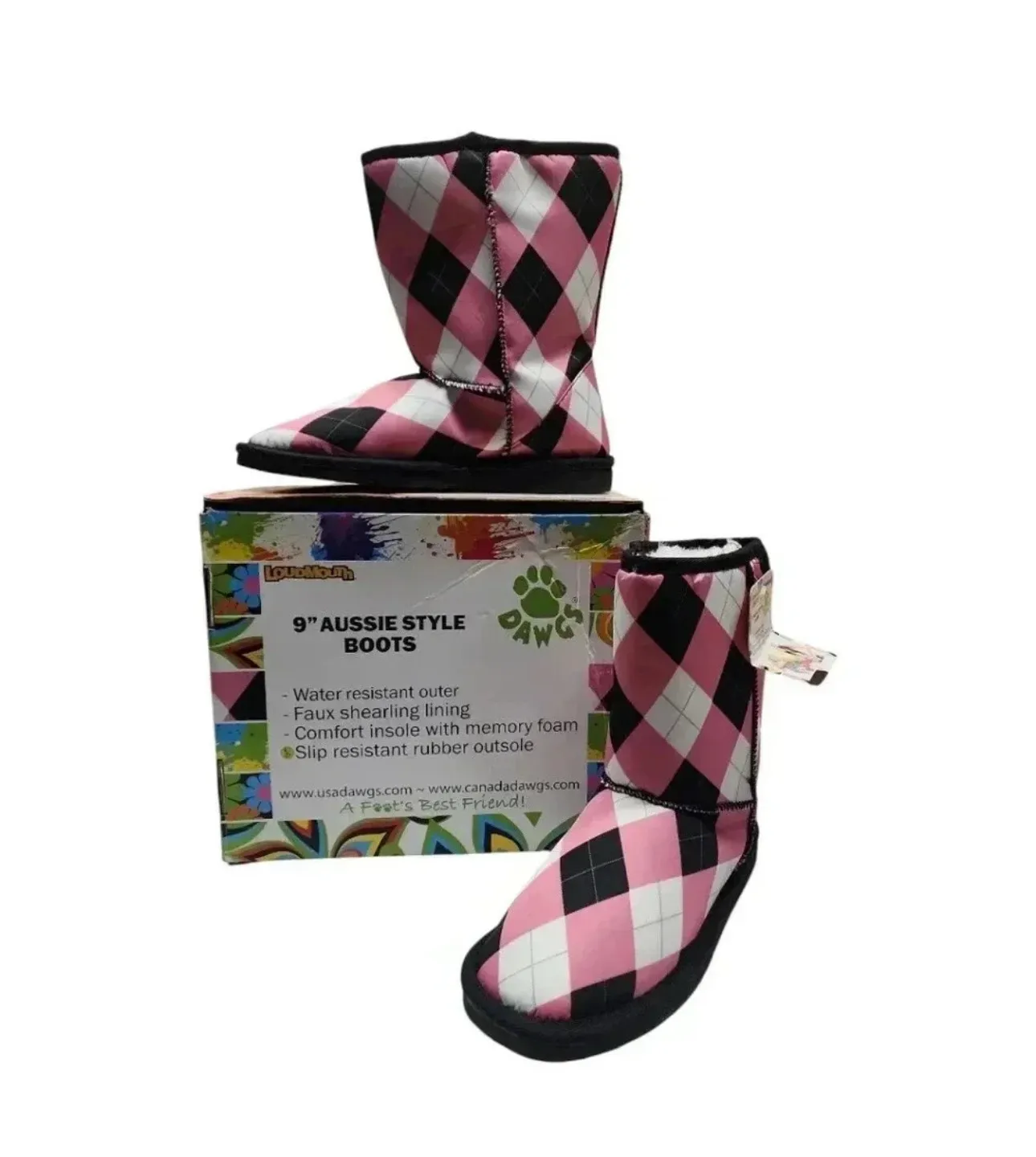 Loudmouth Dawgs Women’s Aussie Style Boots Size 7 Pink Black Argyle New - Image 2