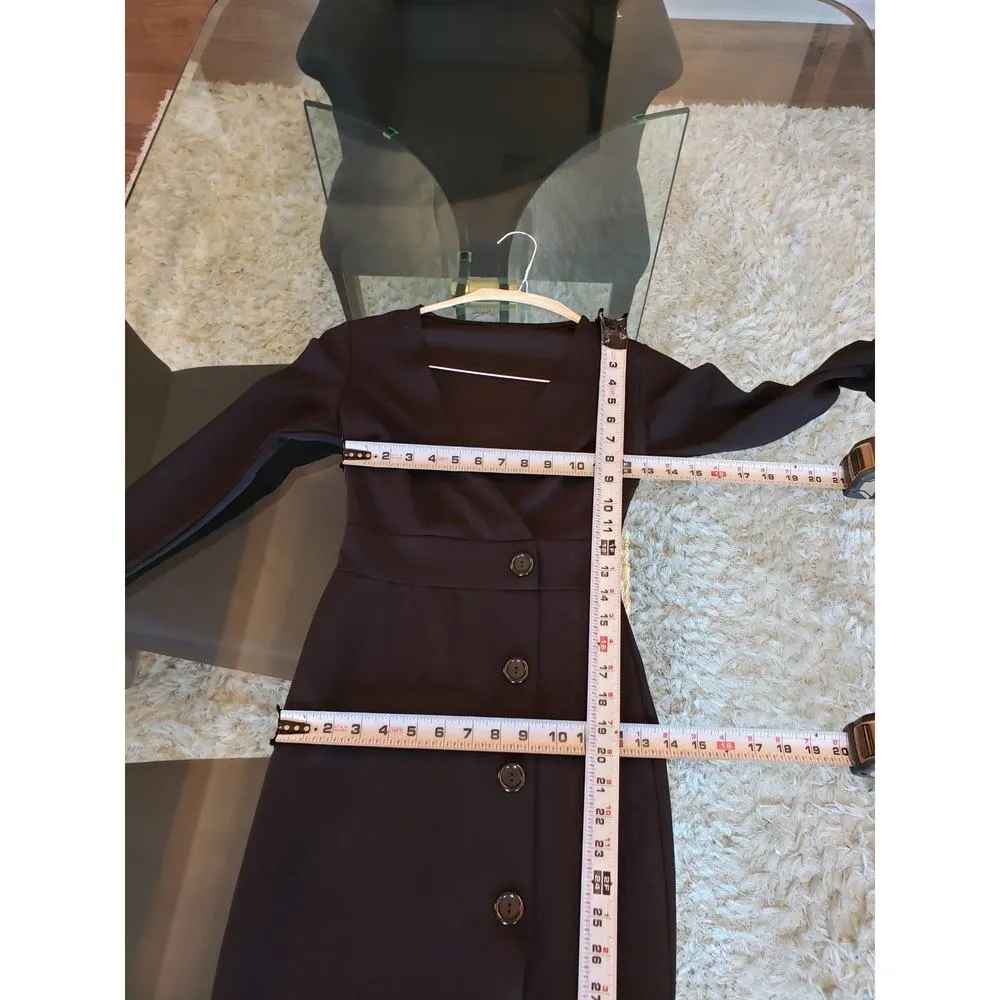 Womens Shirt Dress XS Black Stretch Tight Waist Flare Sleeve V Neck Button Front - Image 6