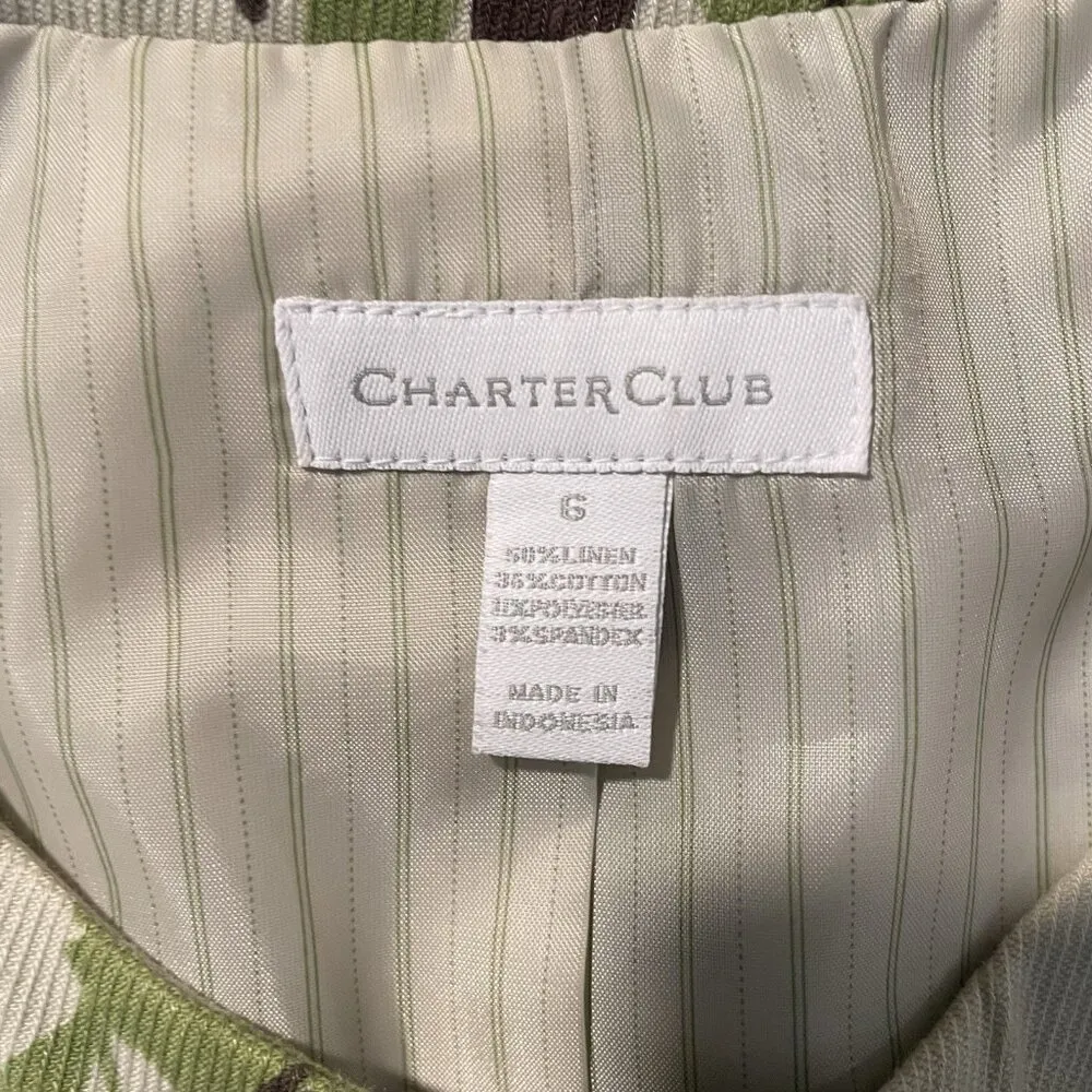 Charter Club Blazer Womens Size 6 Linen Jacket Green Leaves Cream Four Button - Image 2