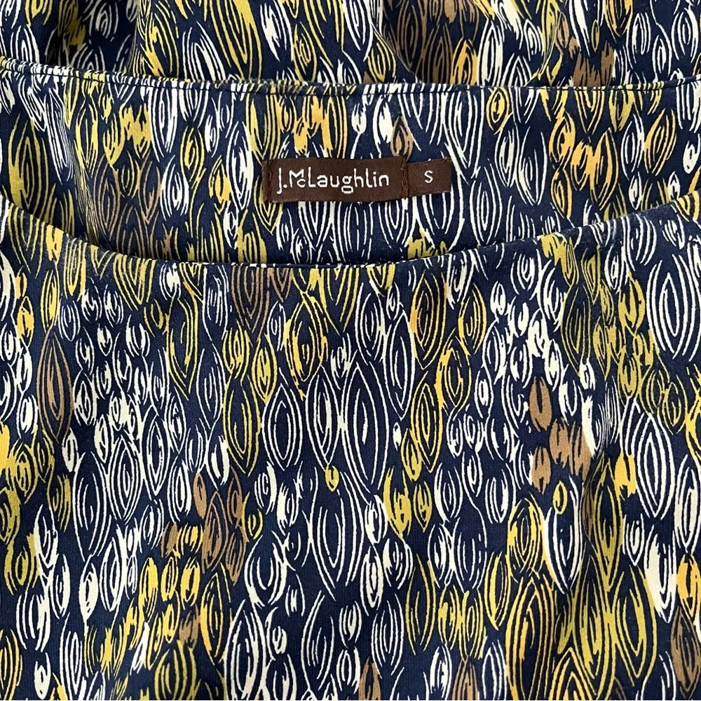 J. McLaughlin Navy, Yellow & White Print Catalina Cloth Ruched Side Dress, Sz S - Image 9