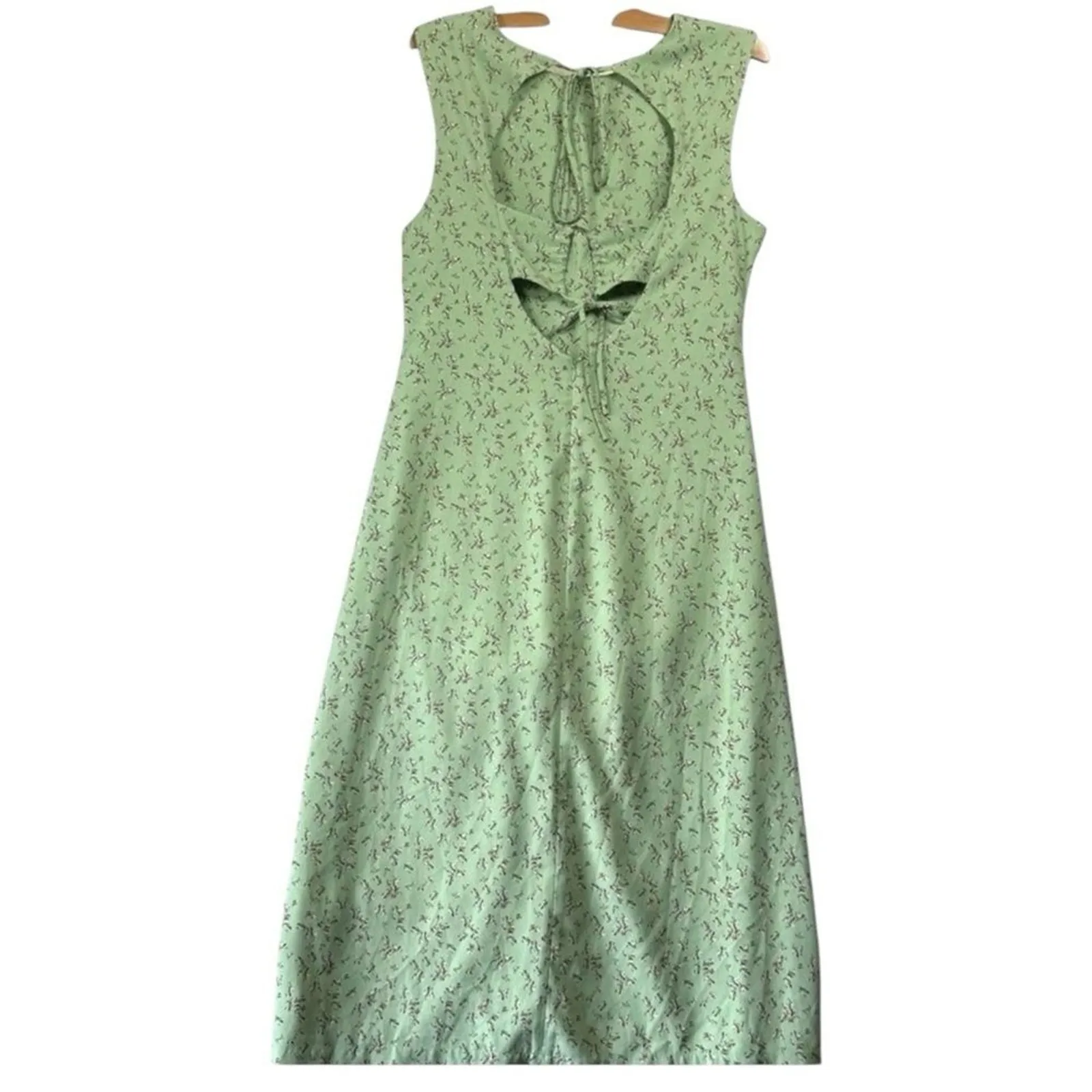 Love, Whit Pistachio Green Petite Floral Ruched Midi Dress High Slit Open Back L Size L - Image 8