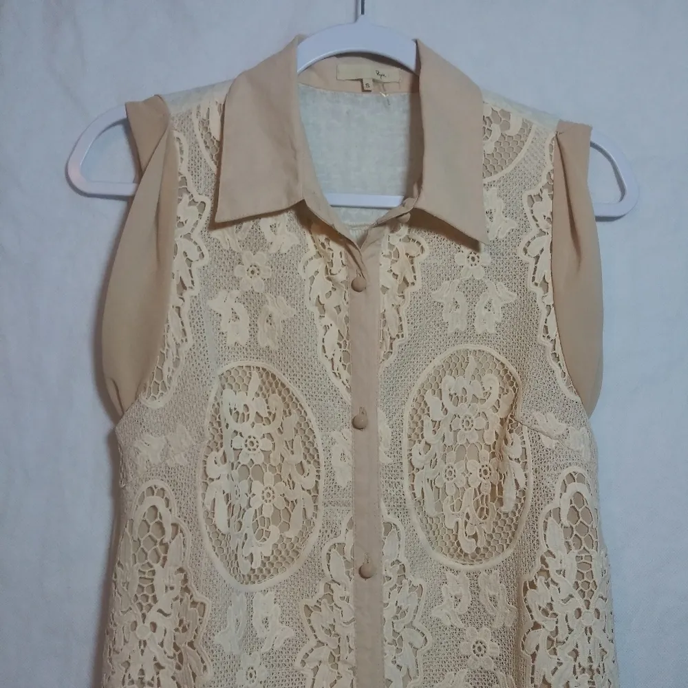 Ryu CottageCore Sleeveless Beige Lace Overlay Button Front Dress Beach Boho Sz S - Image 2