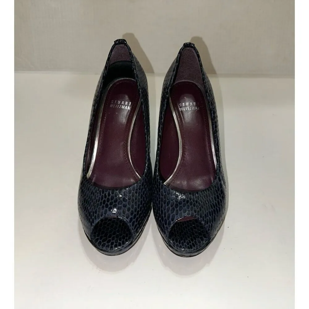 Stuart Weitzman Snake Print Embossed Peeptoe Heels in Dark Gray Size 7.0 - Image 9