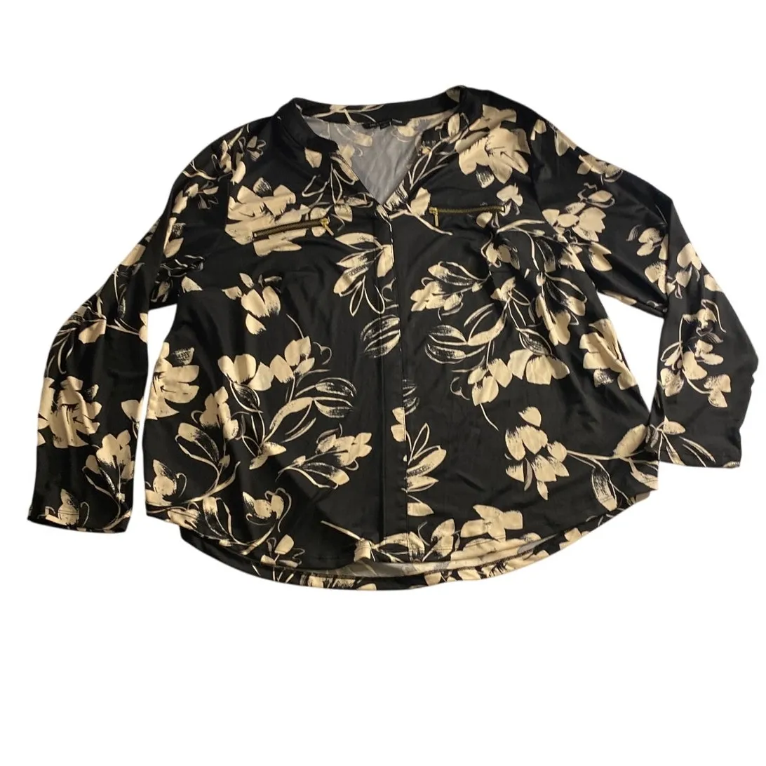 Floral Black Beige Long Sleeve Blouse Zac & Rachel Woman 1X Plus Size - Image 2