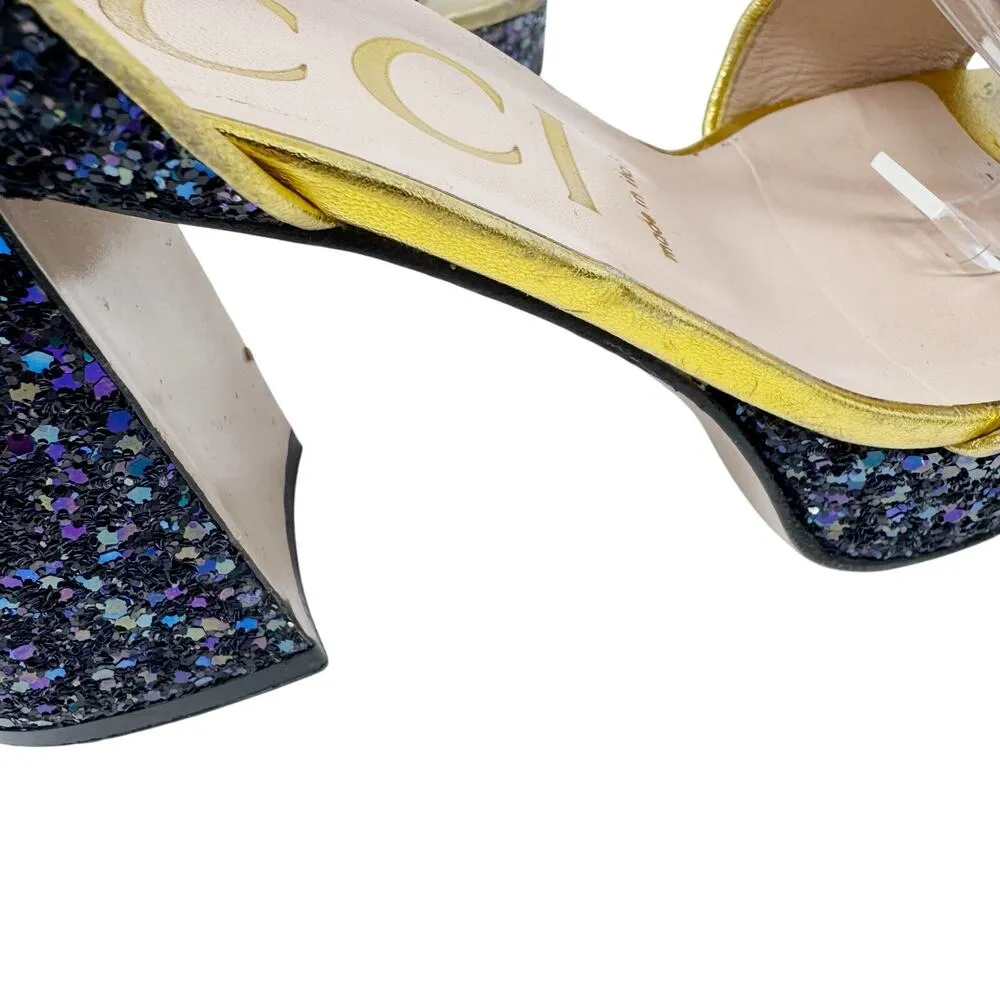 GUCCI Soko Bee Blue Glitter Platform Heels Gold
Trim Ankle Strap Size 38.5 - Image 11