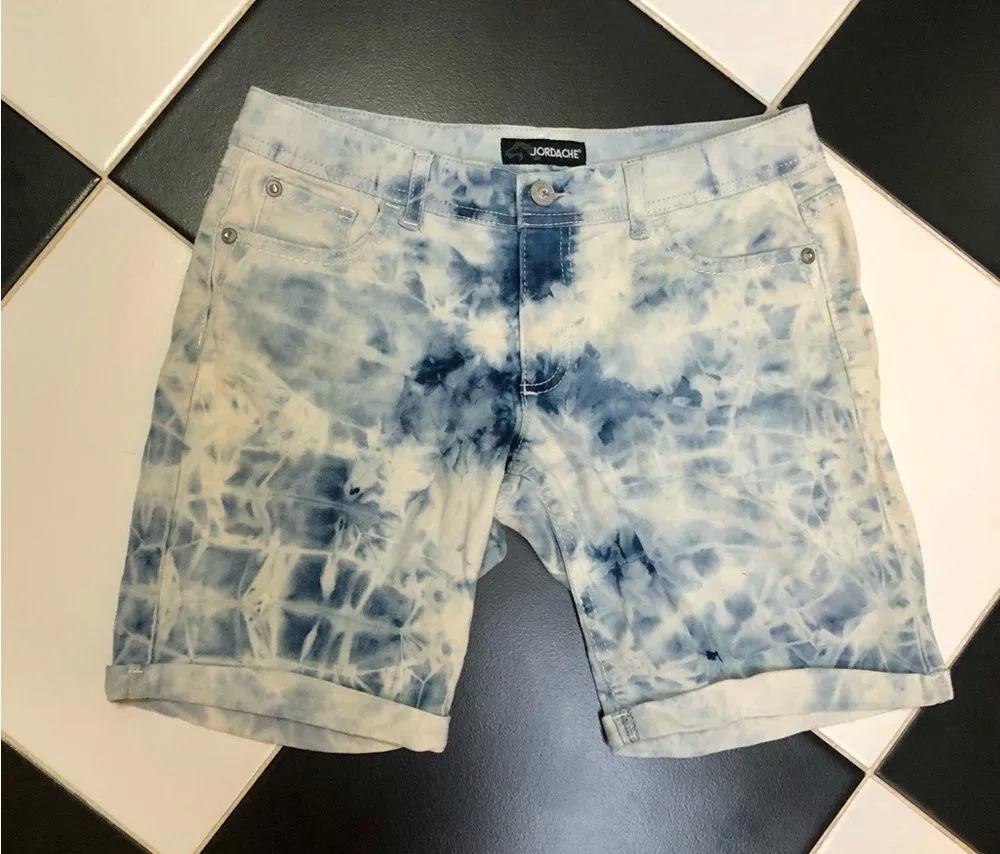 Blue & White Tie Dye Stretchy Denim Shorts Long Junior’s sz14 Med-Large - Image 3