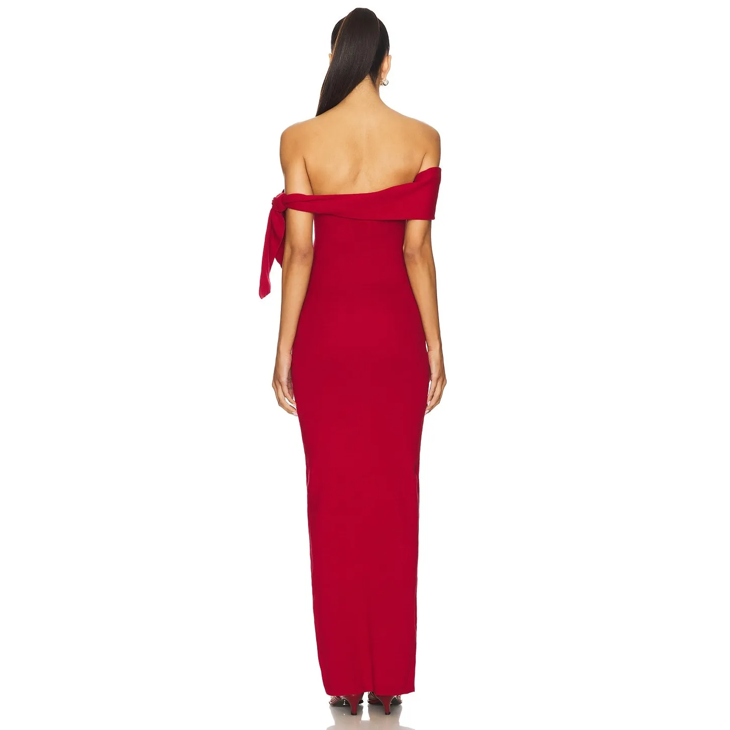 SNDYS xREVOLVE Jaymes Off Shoulder Stretch Knit Old Money Cranberry Maxi Dress S Red - Image 3