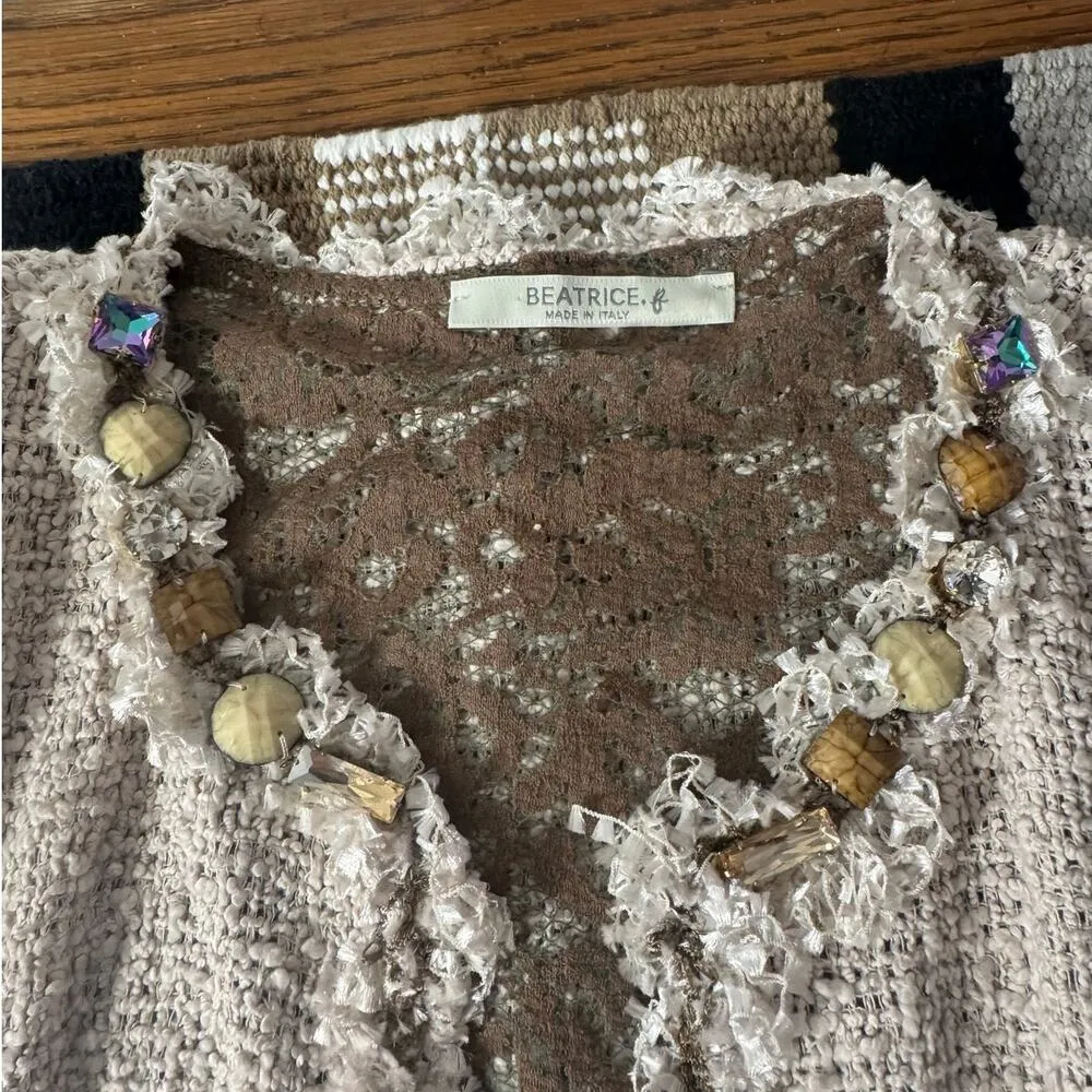 Beatrice Made in Italy Cardigan Women 8 Tweed Lace Bling Neck Coquette Ballet Pink - Image 3