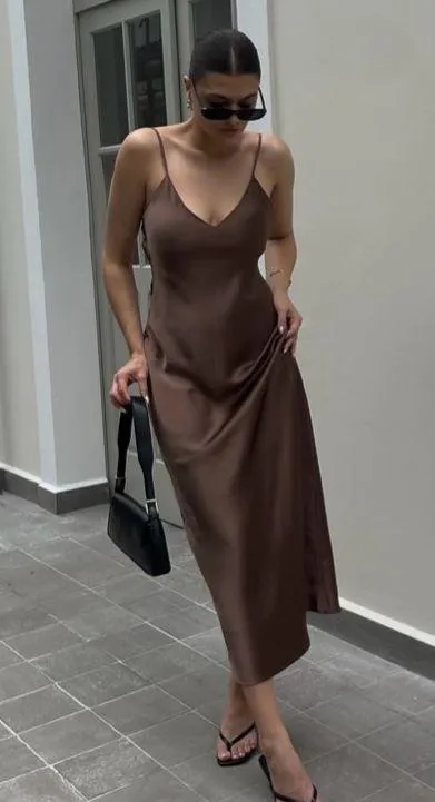 dress midi maxi satin wedding chocolate brown party cocktail - Image 8