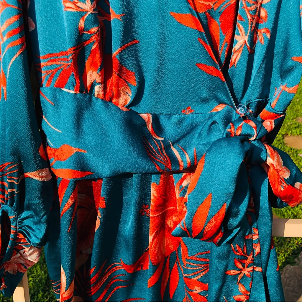 Sweet Lemon TEAL FLORAL SATIN WRAP SHORT DRESS Small Green - Image 6