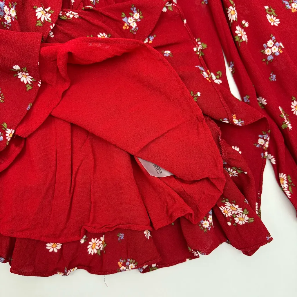 Reformation Cammi Floral Ruffle Wrap Mini Dress Cassia Red White - Image 12