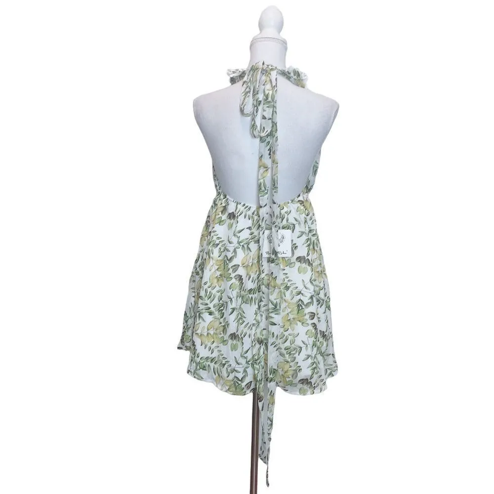 Angel Biba Tropical Leaves Print Halter Mini Dress Sz 12 Backless Open Back - Image 4