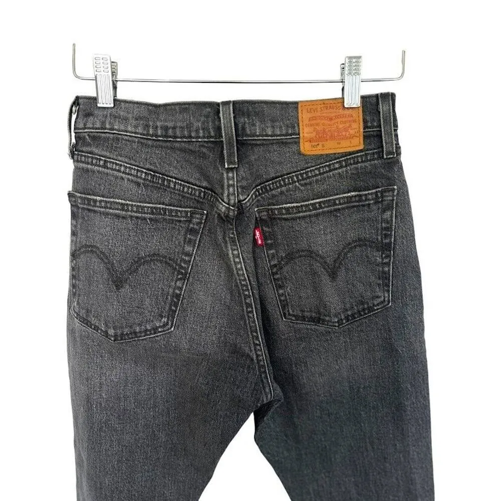 Levis Premium 501 Jeans Women 27x 28 Black Denim Button Fly Straight Distressed - Image 7