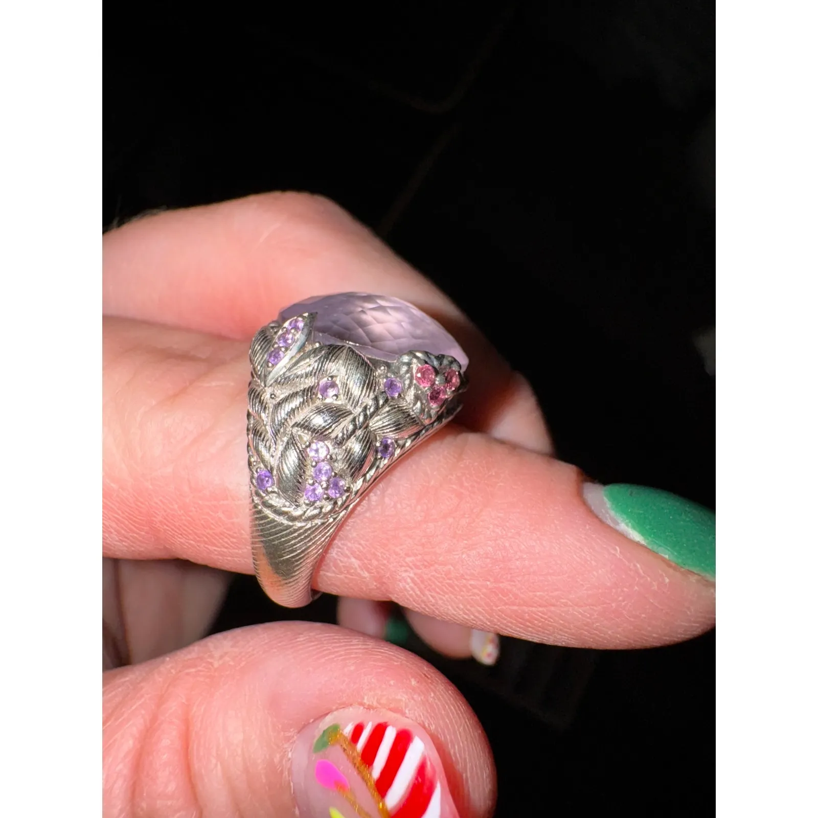 Judith Ripka / Ring / Purple Flowers / Genuine Amythyst / marked 925 - Image 2