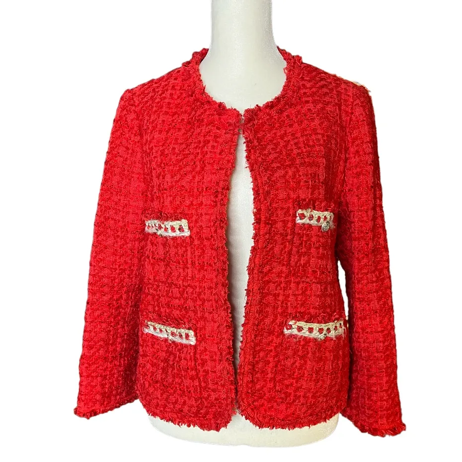 Zara Woman Red Tweed Bouclé Blazer Jacket,Parisian Chic, Statement Piece M - Image 4