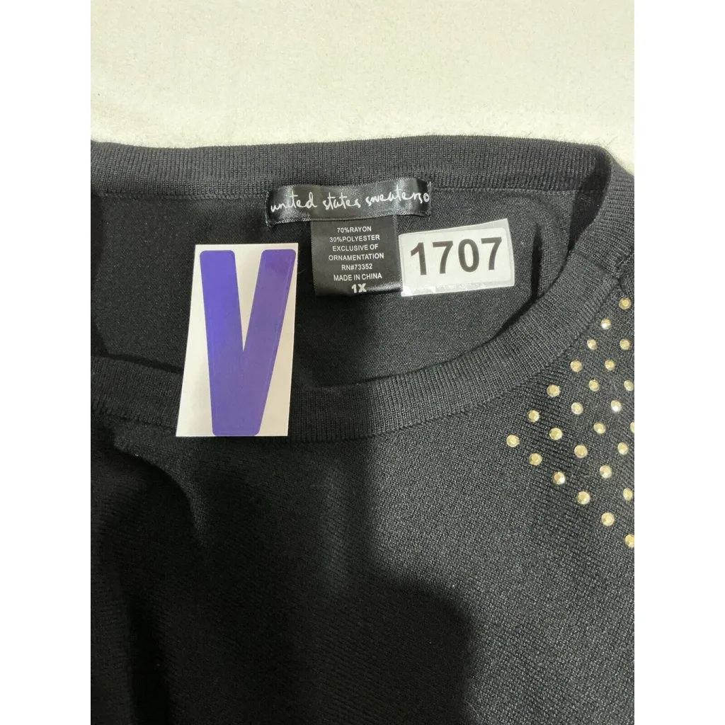Womans United States Sweater Black Short Sleeve Rhinestones Crew Neck Sweater 1x - Image 3
