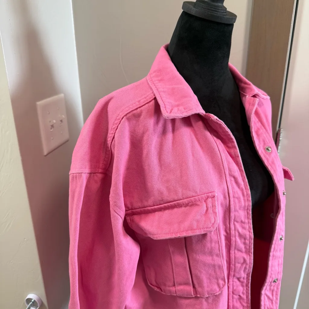 if it were me Oversized Jean Denim Jacket Bubblegum Pink Snap Front Coquette S - Image 4