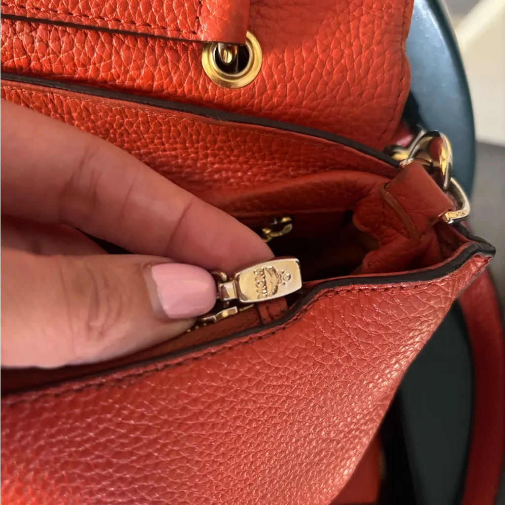 MCM Handbags Orange Leather Satchel Purse Small Tote Visetos Logo Studs Bag - Image 15