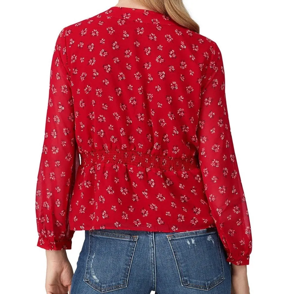 Madewell Floral Print Peplum Blouse Long Sleeve V Neck Red Top XS Romantic Class - Image 2