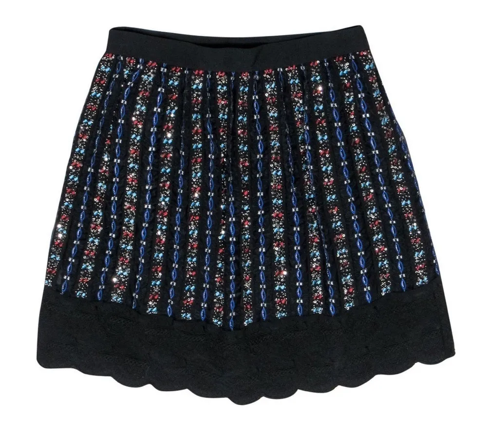 Club Monaco Black Multicolored Sequin Beaded A-Line Mini Skirt Scalloped Size 4 - Image 1