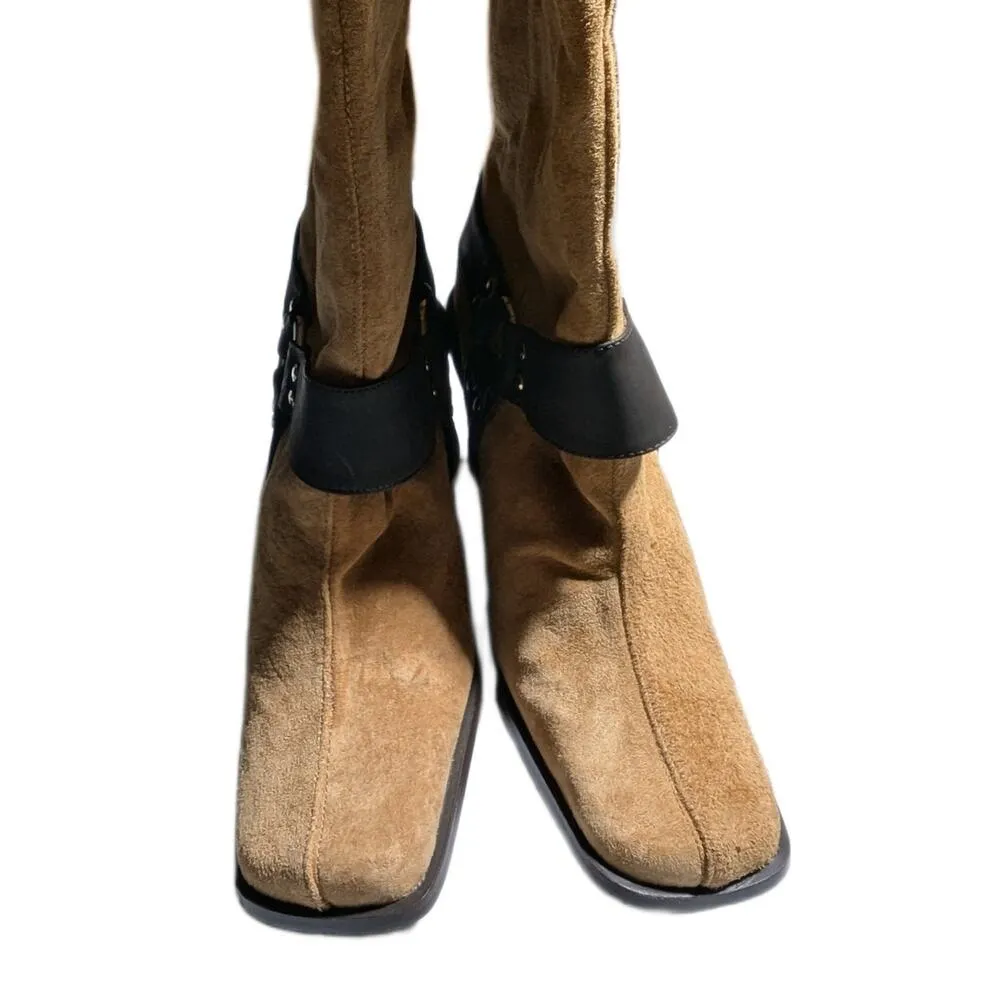 Vtg Y2K Newport News Tan Suede Knee High Square Toe Block Heel Harness Boots 7 - Image 2