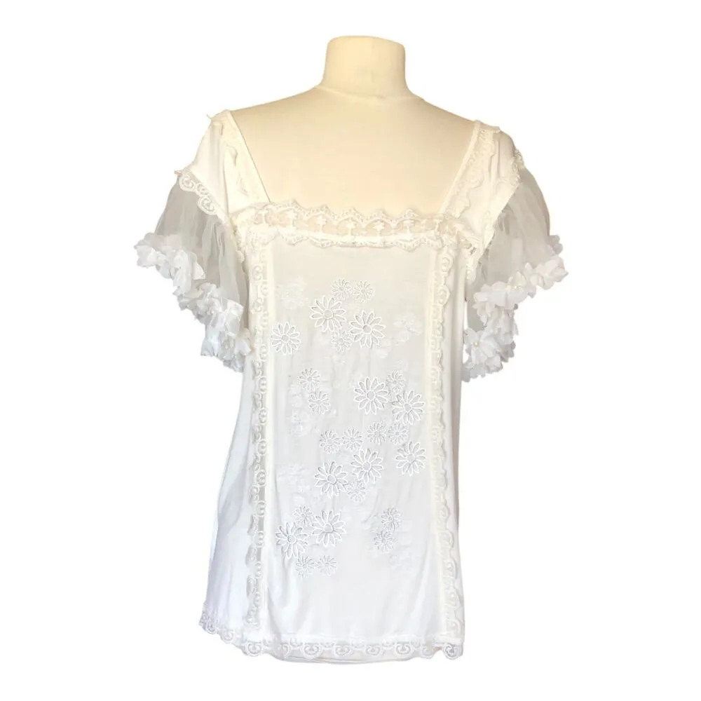 POL White Lace Peasant Blouse Floral Ruffle Sleeve Square Neck Women Size Small - Image 7