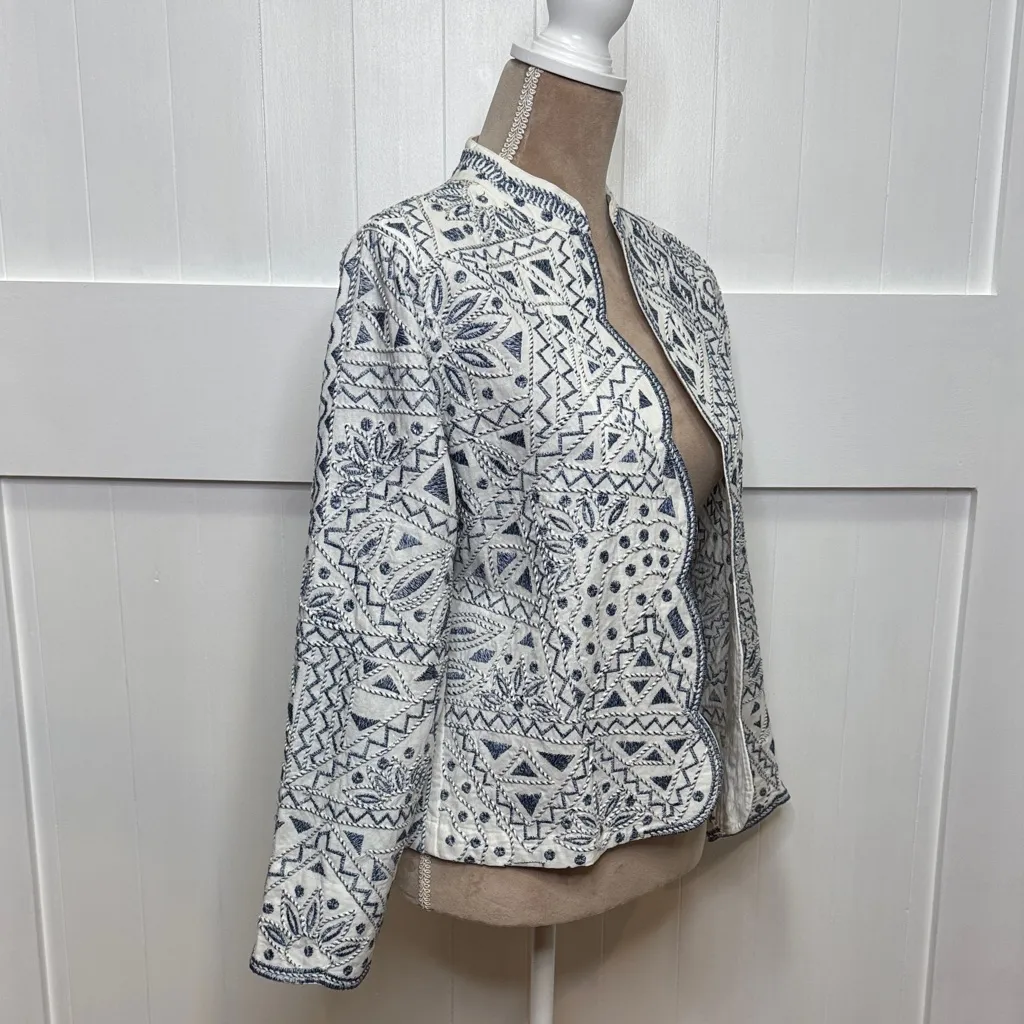 Coldwater Creek Women's Blue and White Cotton Embroidered Open Jacket Size PS - Image 4