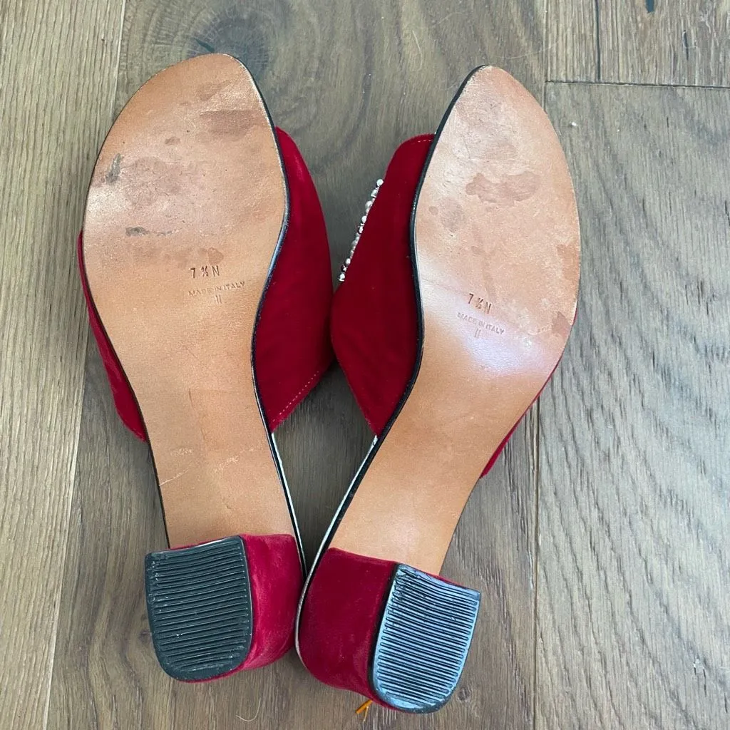 70s Amalfi by Rangoni Red Velvet Open Toe Mules Block Heel 7.5 Narrow - Image 6