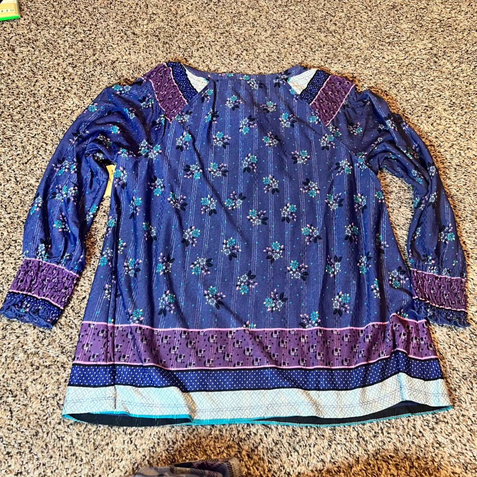 One World Womens Blue Floral Tassel V Neck Long Sleeve Tunic Top L - Image 7