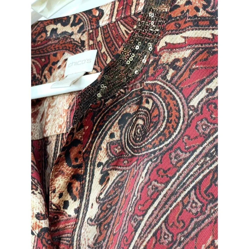 CHICOS Paisley Satin Sequin Neck Blouse Size 2 US 12 Tie Hem Blouse Top Dressy - Image 3