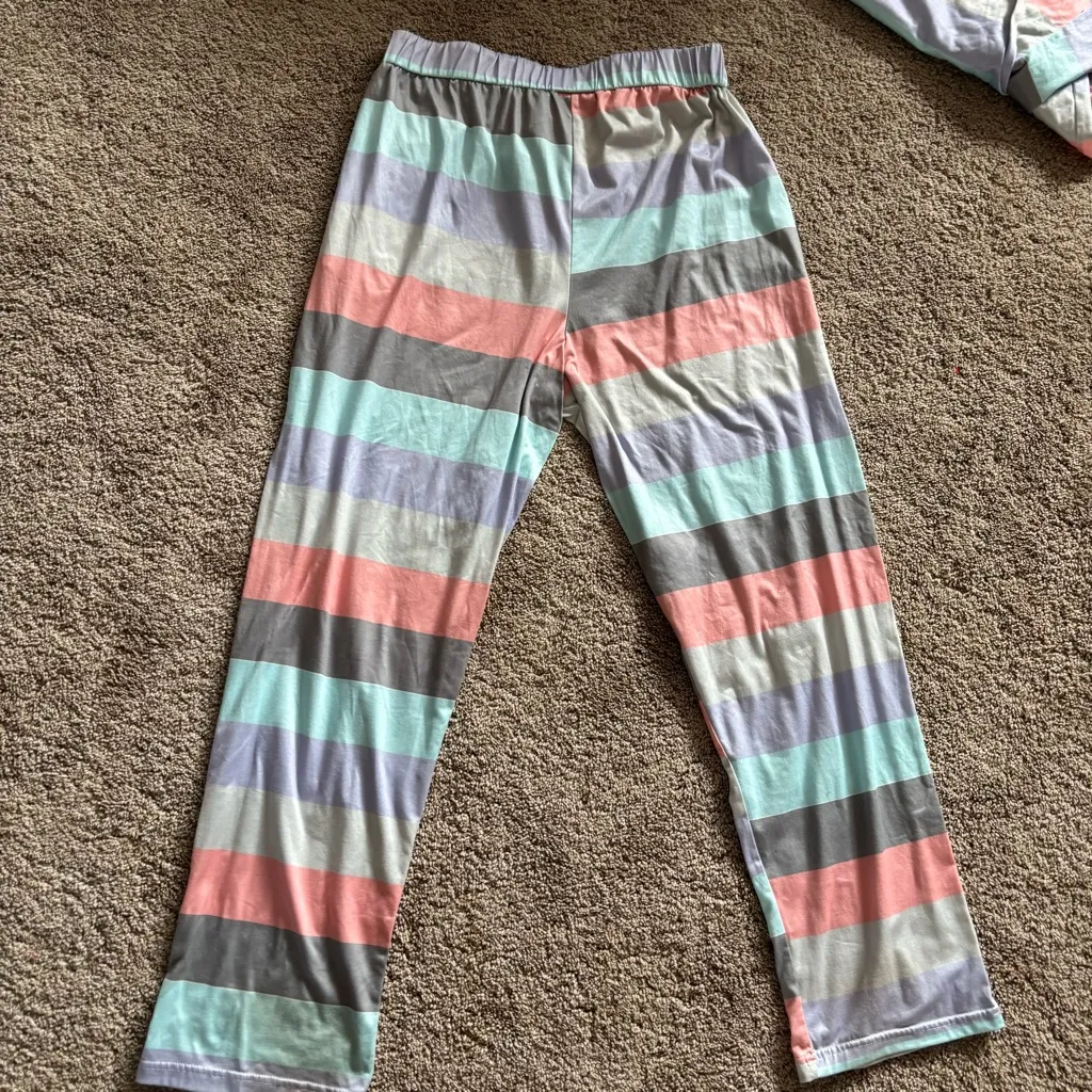 2 Piece Multicolor Striped Color Block Women’s Pajama Set Pink Size M - Image 7