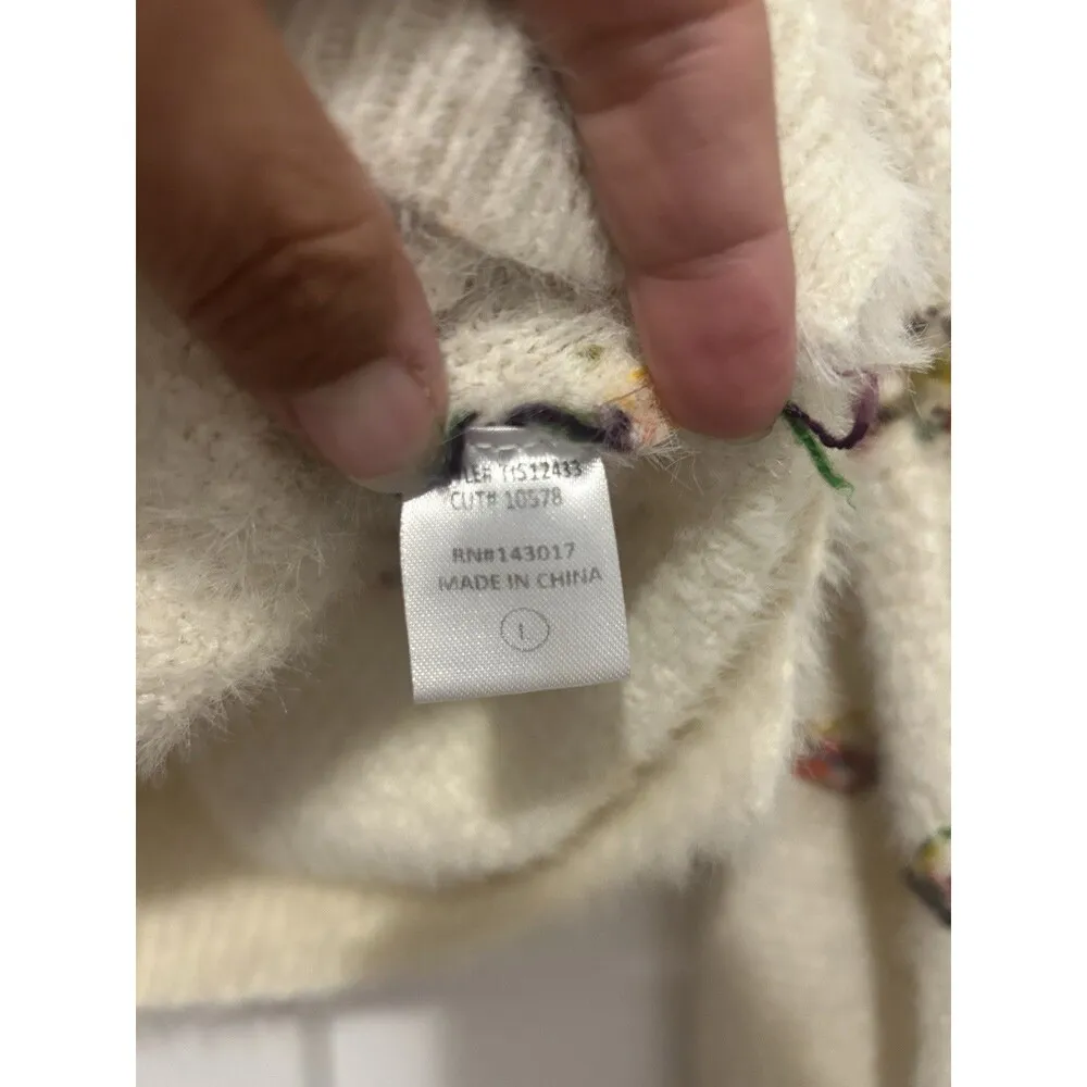 Ces Femme Fuzzy Cozy White Multi Colored Striped Sweater Oversized Size Large - Image 4