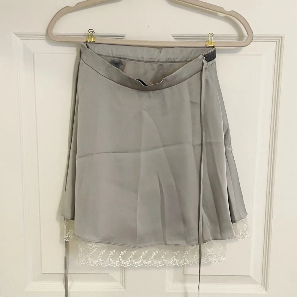 Japanese Kawaii Pastel Grey Blue Lace Velvet Bow Ribbon Silky Mini Skirt Size XS - Image 8