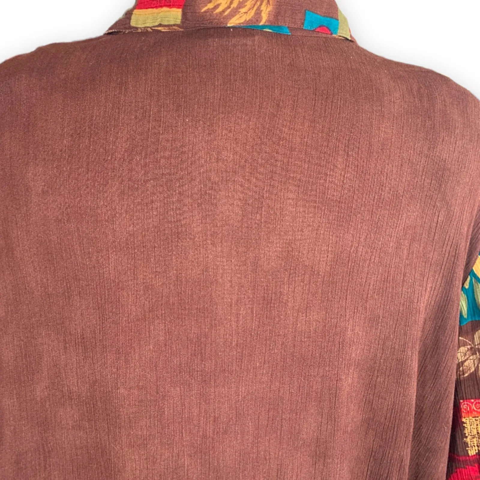 90s Brown Abstract Leaf Print Crinkle Rayon Button Down Short Sleeve Top Plus 3X - Image 5