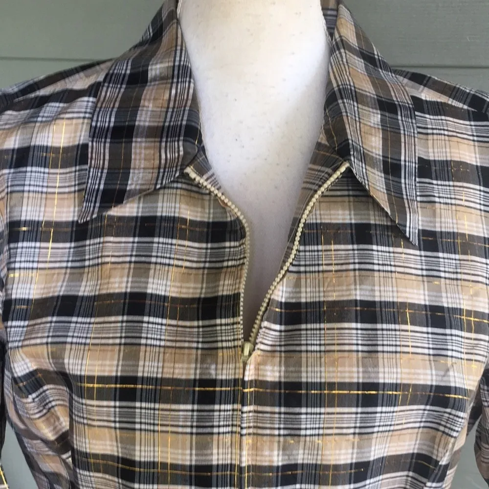 Anne Carson Gold Plaid Thin Zip Up Silk Jacket - Image 2