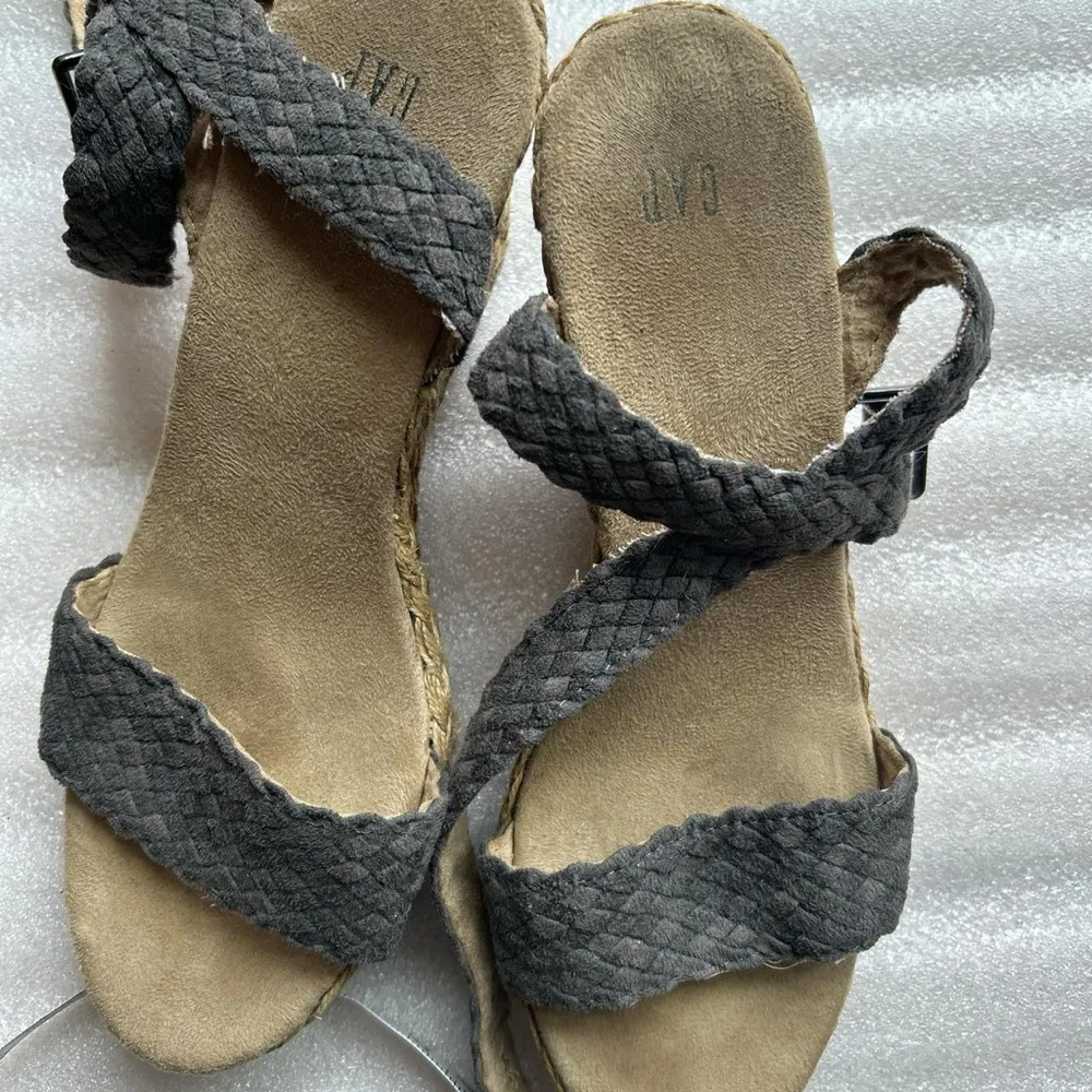 Grey Leather Wedge Espadrille Sandals with woven strap and buck closure - Image 3