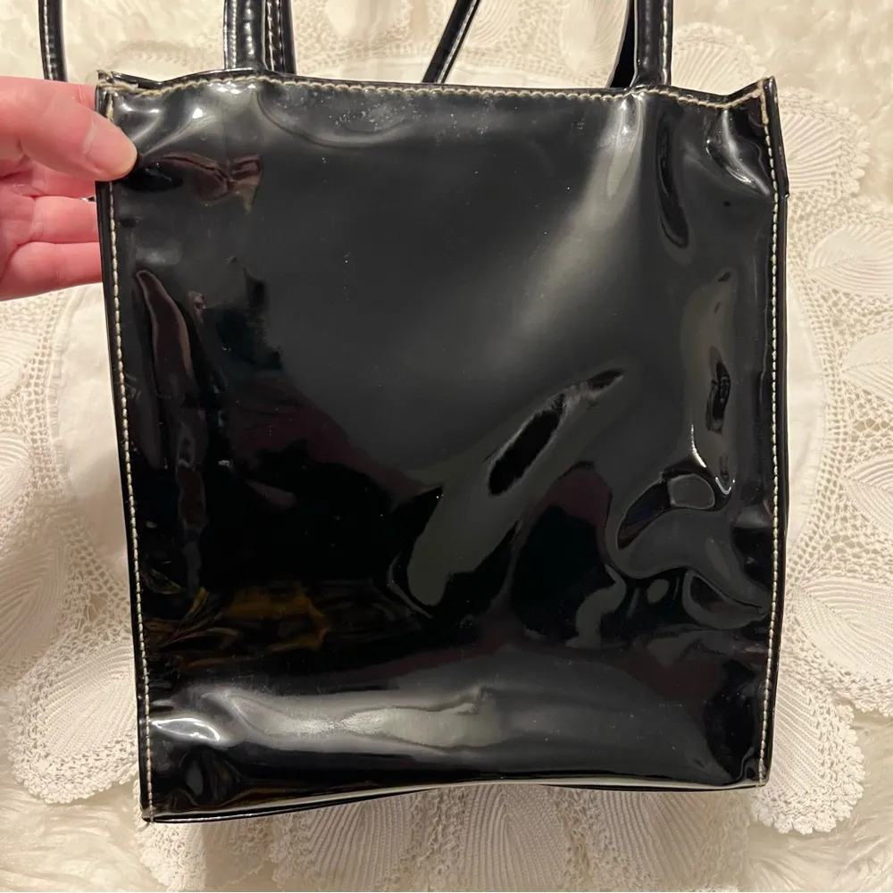 Moda Attiva Black Faux Patent Leather Style Purse Drawstring Closure - Image 7