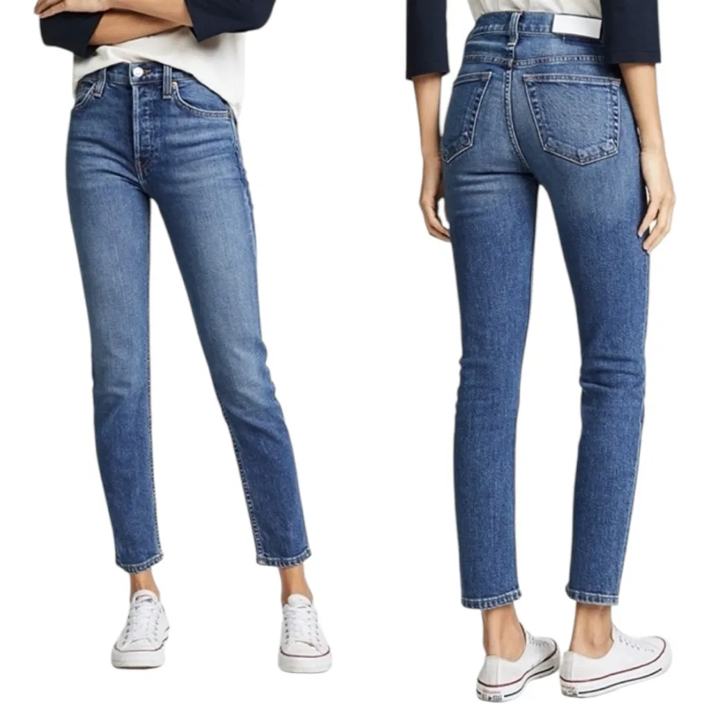 Re/Done Denim Women’s Size 28 Blue Mid 70’s High Rise Ankle Cropped Slim Jeans - Image 2