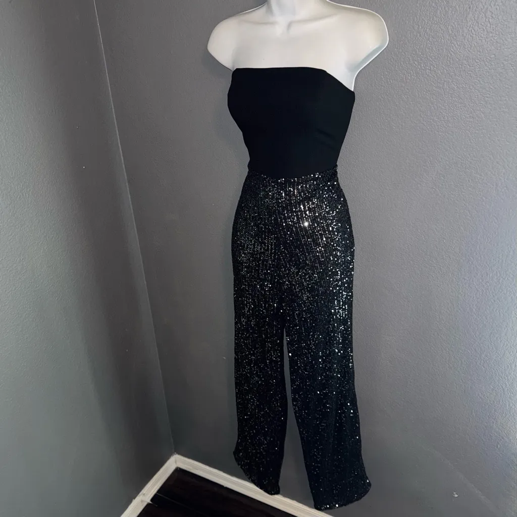 Lulus Sexy Black sequin Wide Leg Strapless Formal Party Jumpsuit Medium - Image 4