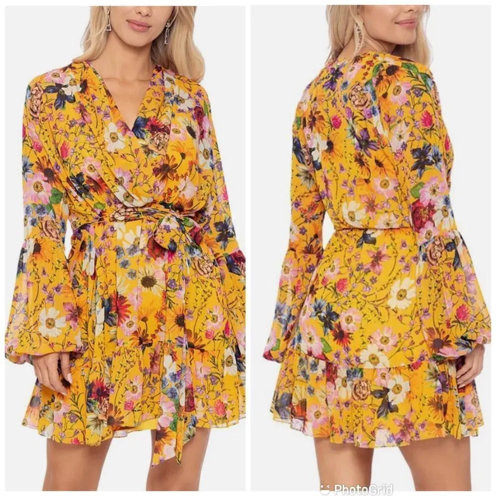 BETSEY & ADAM Yellow Floral Faux Wrap Mini Dress Long Sleeve Cocktail Size 4 New - Image 3