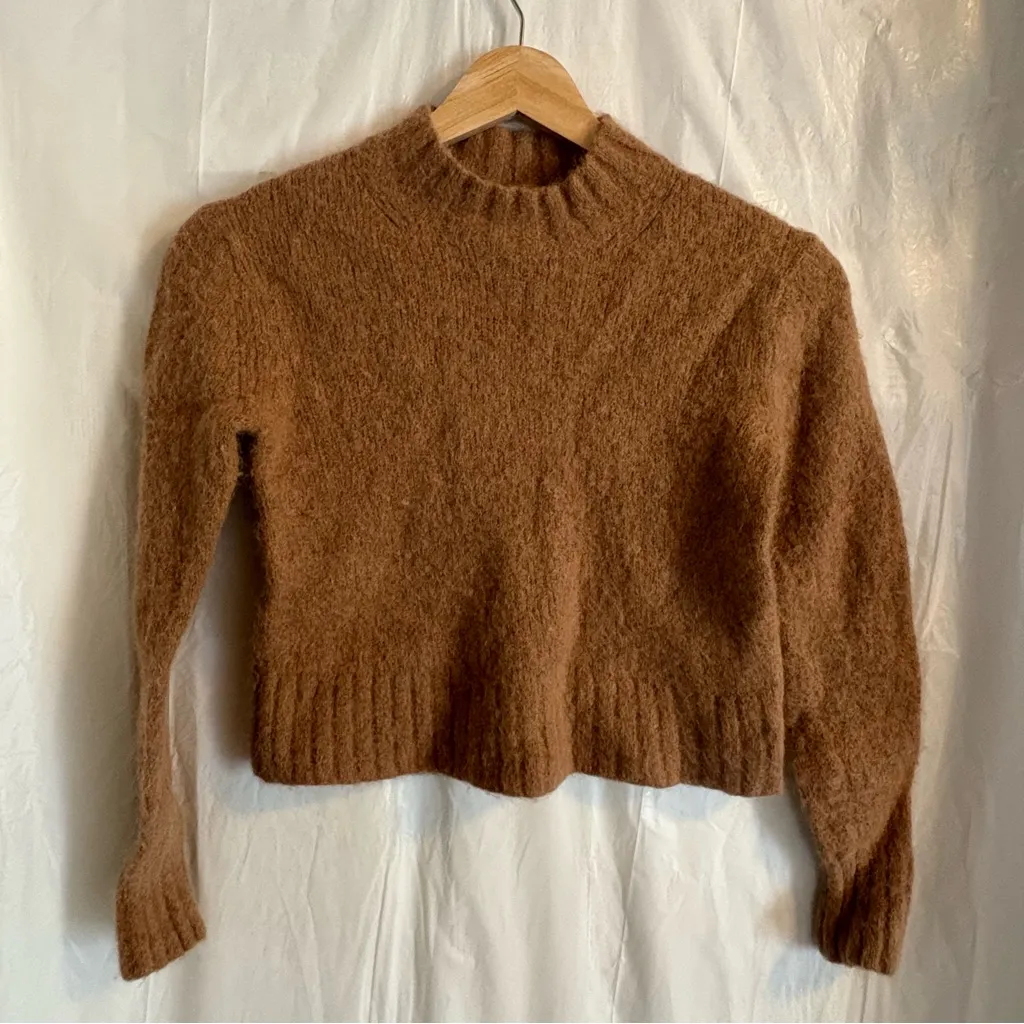 Everlane The Alpaca Cropped Crewneck Sweater Sz XS Camel Minimal Merino Wool - Image 2