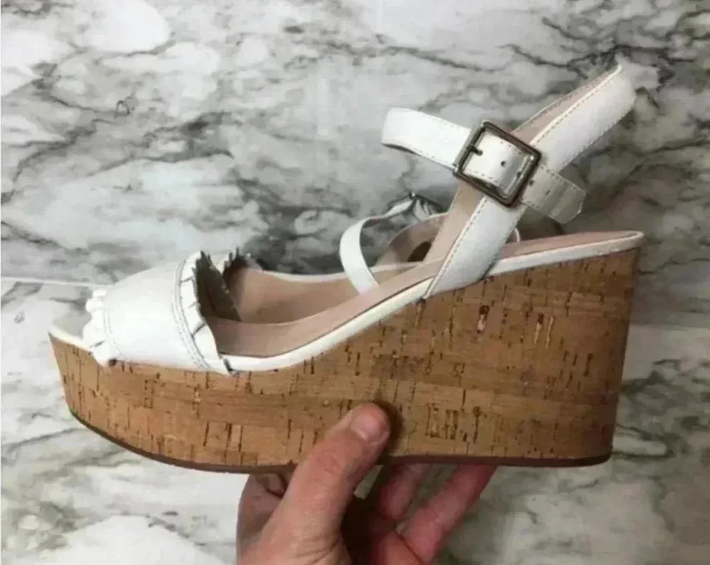 Kate Spade White‎ Ruffled Leather Tomas Cork Platform Wedge - Image 4