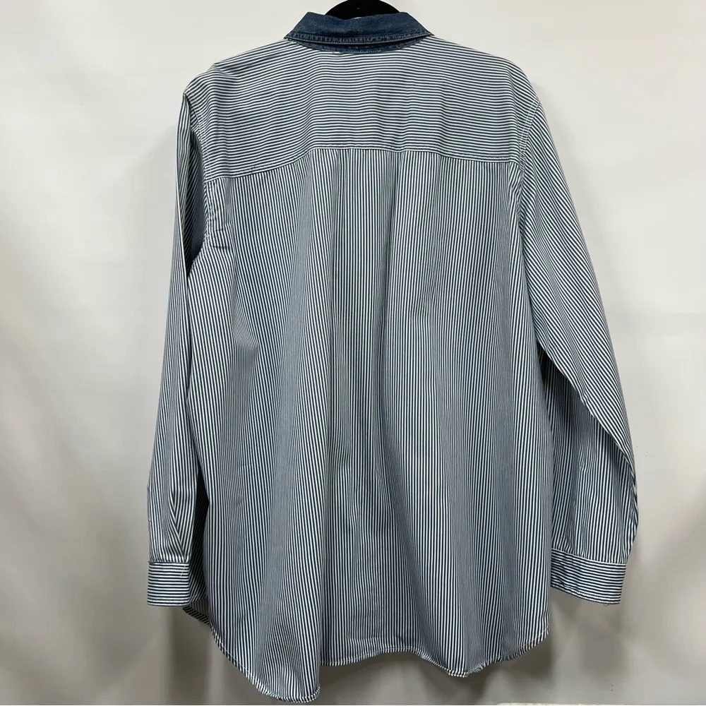 Blue White Stripe top Embroidery 22w/24w 100%cotton county pumpkin denim collar - Image 2