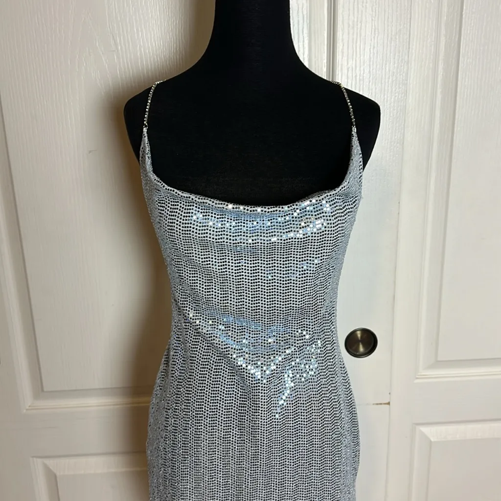WINDSOR BLUE METALLIC SEQUIN RHINESTONE STRAP SEXY DRESS - Image 4