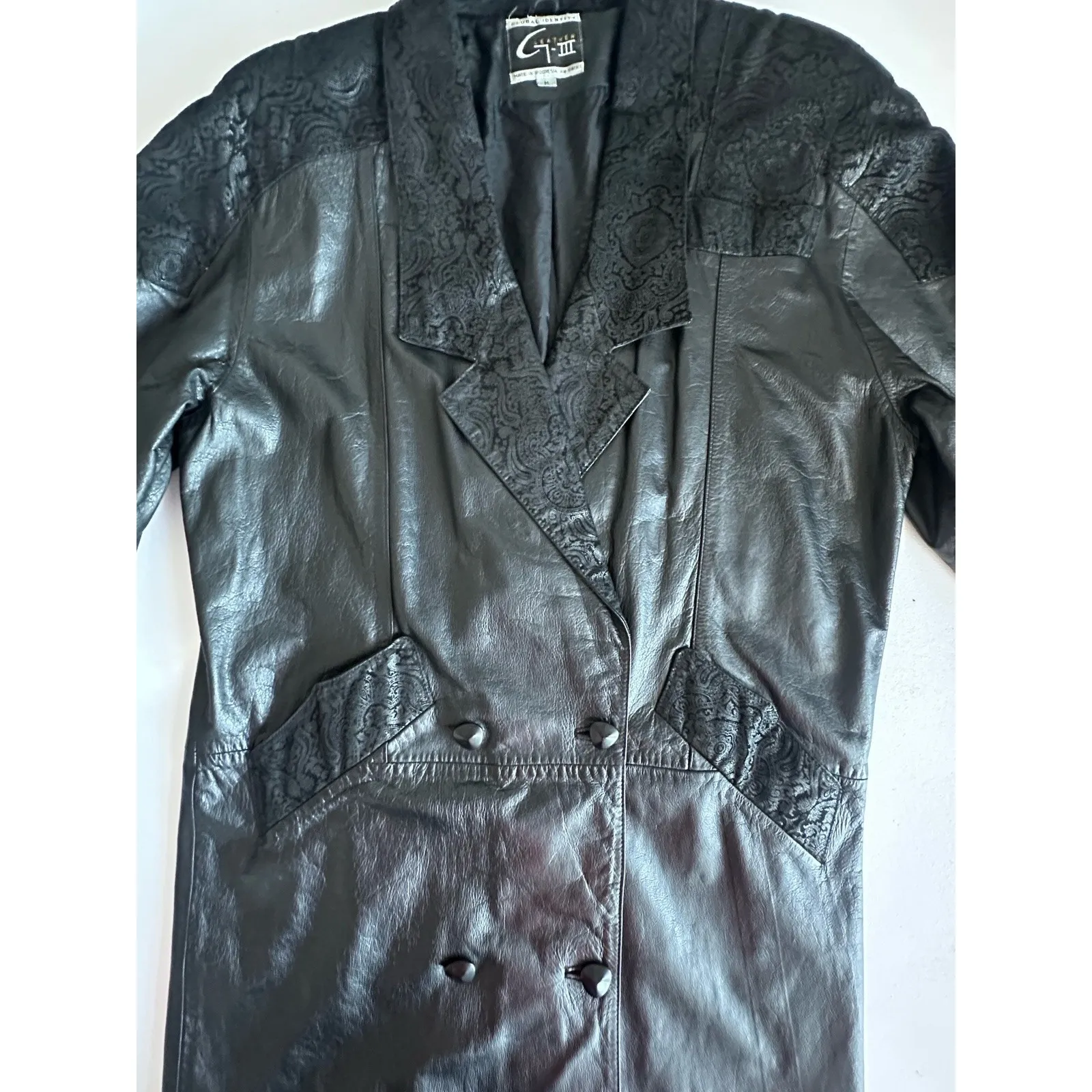 VTG Western Cowgirl Black Leather Stamped Trench Coat Duster Jacket M(b49) Size L - Image 5