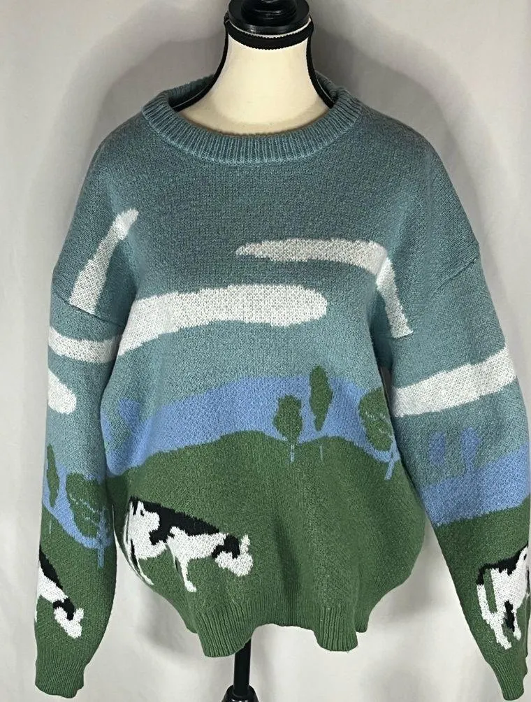 Manfinity Cow Print Landscape Crew Neck Sweater Green Size L - Image 1