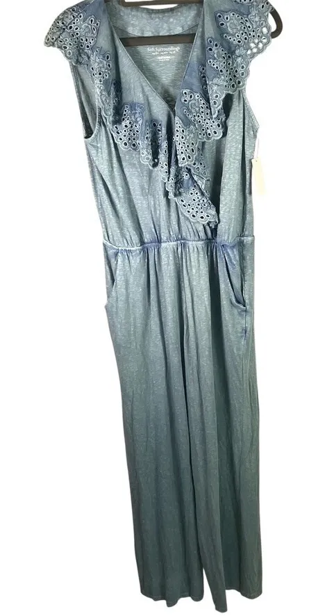 Soft Surroundings Petite Medium Blue Jumpsuit Crochet Detail Sleeveless New - Image 1