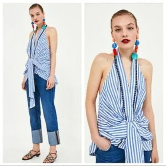 Zara Blue & White Stripe Tie Front Halter Tank Top XS - Image 2